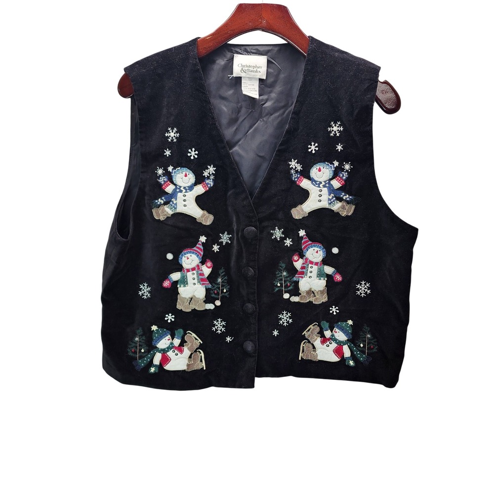 Vtg Christopher & Banks Black Velvet Snowman Christmas Vest XL 2000 Holiday